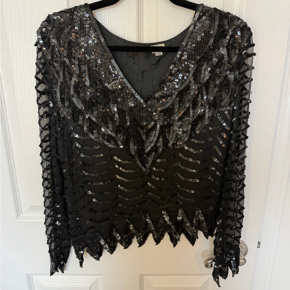 Vintage!! Pinky Creations Silk Black Sequined V-Neck Long Sleeve Top